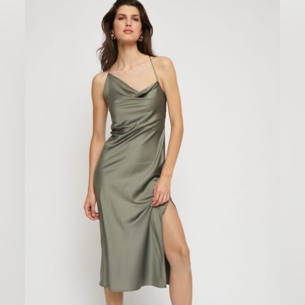 DYNAMITE Sleek Grey Green Slip Dress with asymmetric cowl neckline - size M